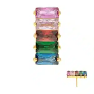 Invictus Baguette Rainbow CZ Cluster Top in 24Kt Gold PVD titanium, perfect for helix, lobe, or conch piercings.