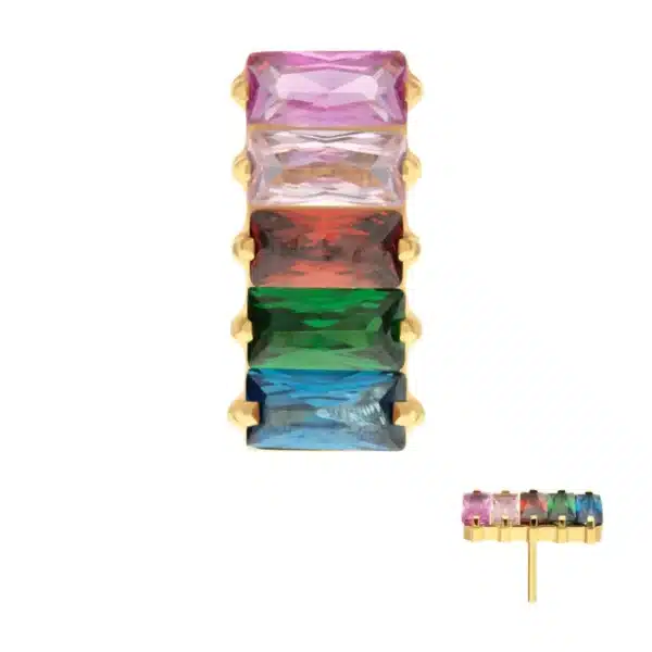 Invictus Baguette Rainbow CZ Cluster Top in 24Kt Gold PVD titanium, perfect for helix, lobe, or conch piercings.