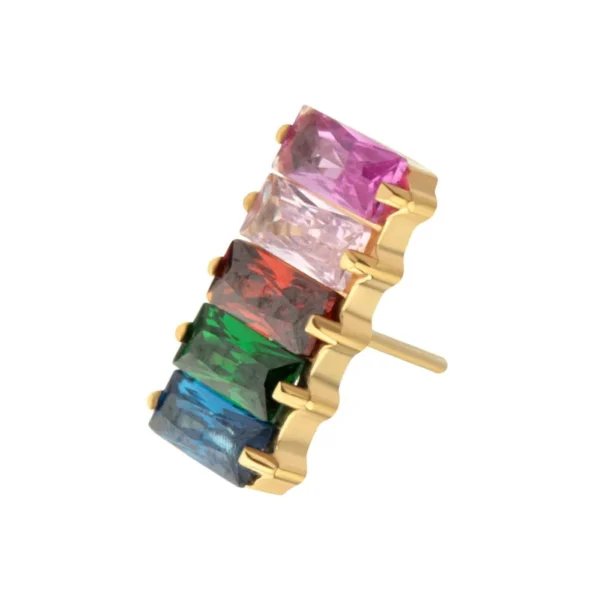 Invictus Baguette Rainbow CZ Cluster Top in 24Kt Gold PVD titanium, perfect for helix, lobe, or conch piercings.