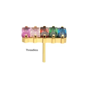 Invictus Baguette Rainbow CZ Cluster Top in 24Kt Gold PVD titanium, perfect for helix, lobe, or conch piercings.