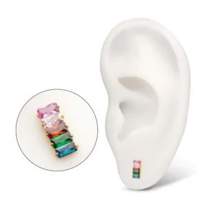 Invictus Baguette Rainbow CZ Cluster Top in 24Kt Gold PVD titanium, perfect for helix, lobe, or conch piercings.