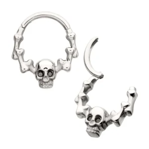 Titanium Skull & Bone hinged clicker with black CZ gem eyes