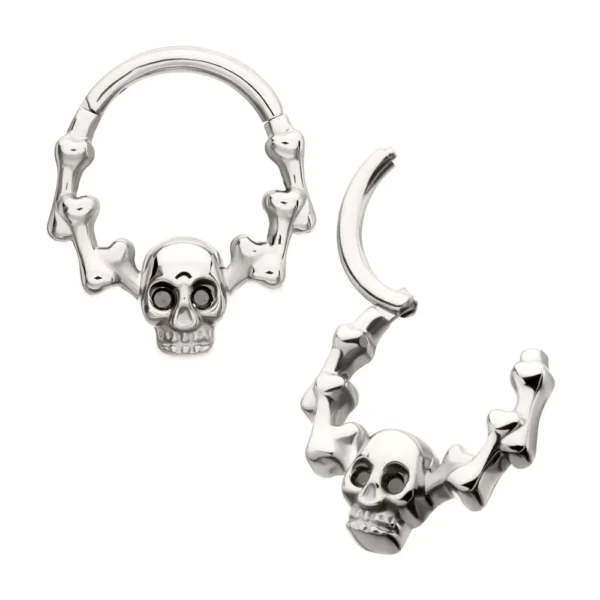 Titanium Skull & Bone hinged clicker with black CZ gem eyes