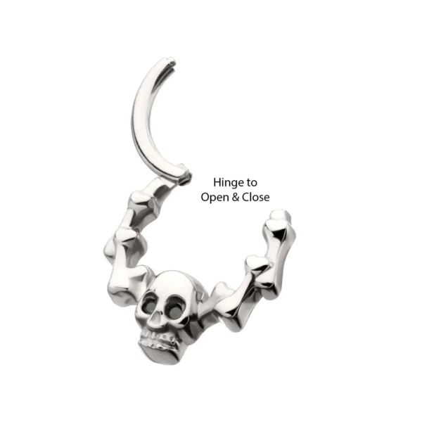 Titanium Skull & Bone hinged clicker with black CZ gem eyes