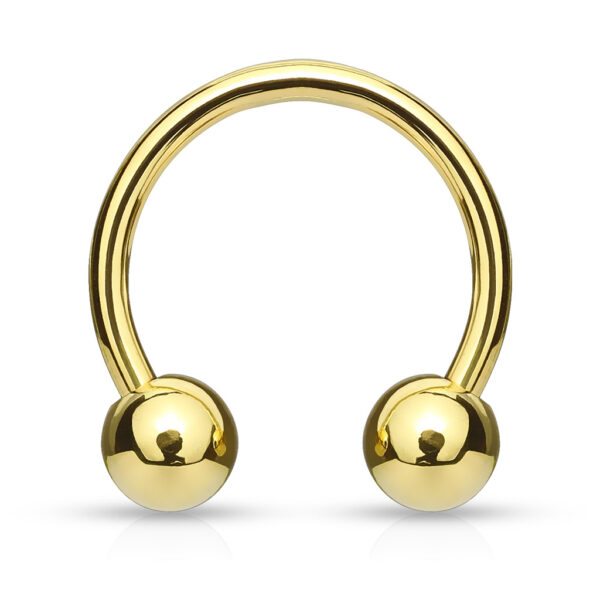 4G gold circular barbell with 12mm diameter and 10mm ball ends, internally threaded stainless steel jewelry