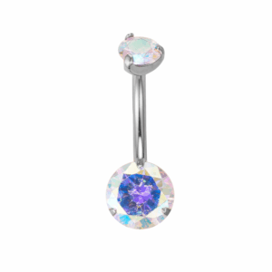 Silver titanium belly bar with aurora borealis zircon gems
