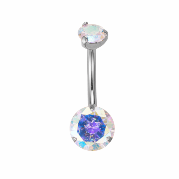 Silver titanium belly bar with aurora borealis zircon gems