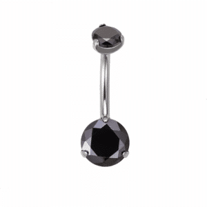 Silver titanium belly bar with black zircon jewel