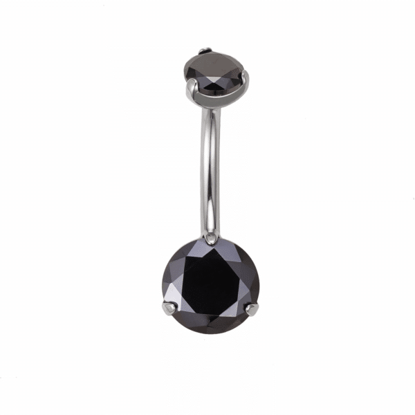 Silver titanium belly bar with black zircon jewel