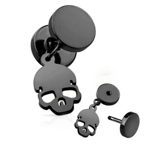 BoneRattle Fake Plug 16G surgical steel with skull dangle charm.