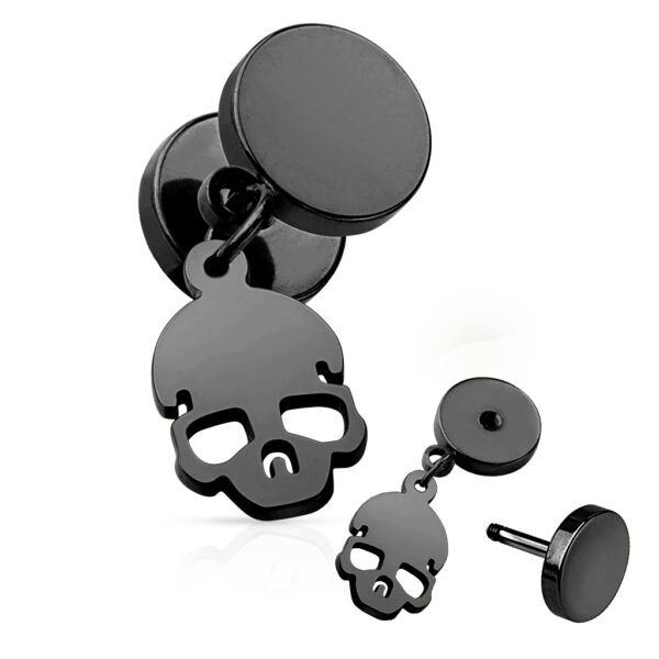 BoneRattle Fake Plug 16G surgical steel with skull dangle charm.