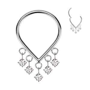Titanium Chevron Hinged Ring with five diamante dangles, 16G, 10mm diameter, hypoallergenic and waterproof.