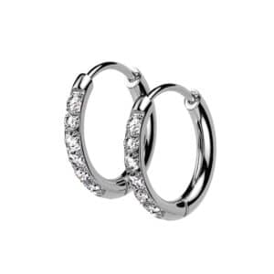 Pair of GlimmerClick stainless steel hoop earrings with cubic zirconia jewels, silver 10mm hoops, 20G thickness.
