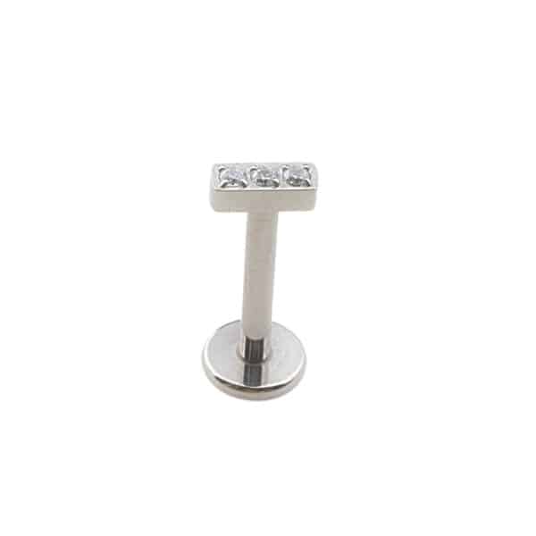 Titanium Silver Rectangular Labret with three clear cubic zirconia gems