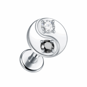 Silver titanium Yin Yang labret earring with black and clear zircon gems