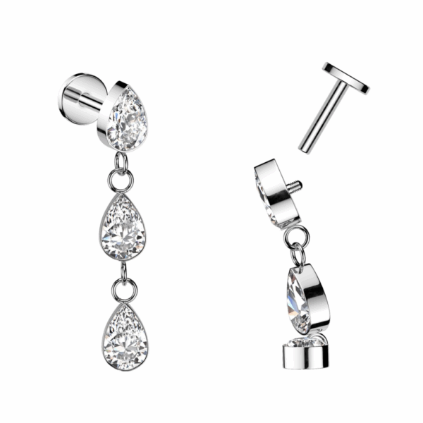 Titanium labret with three teardrop cubic zirconia dangles