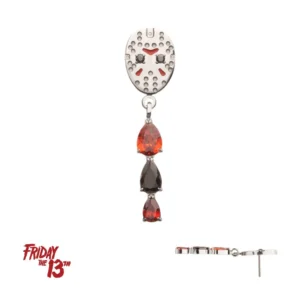 Titanium Jason Mask threadless piercing top with garnet and black gem dangle – Friday the 13th enamel design.