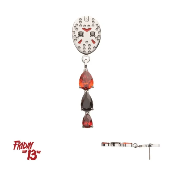 Titanium Jason Mask threadless piercing top with garnet and black gem dangle – Friday the 13th enamel design.