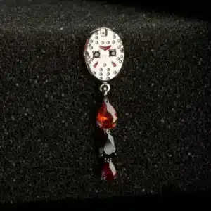 Titanium Jason Mask threadless piercing top with garnet and black gem dangle – Friday the 13th enamel design.