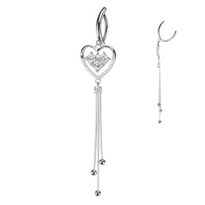 Surgical steel belly button ring with CZ heart and triple chain dangle