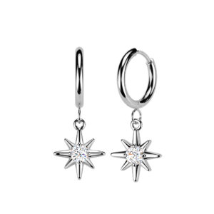 Pair of silver stainless steel hoop earrings with jeweled sunburst dangle
