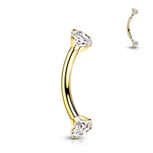 gold 316L internally threaded curved barbell with clear jewelled 3mm ball