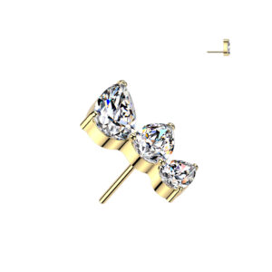 Gold titanium threadless pear fan top with three clear stones