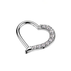 Silver implant grade titanium heart hinged daith ring with clear detail